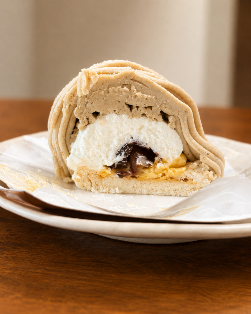PATISSERIE SUSUCRIERのモンブラン断面。マロンクリーム、生クリーム、栗、メレンゲが見える